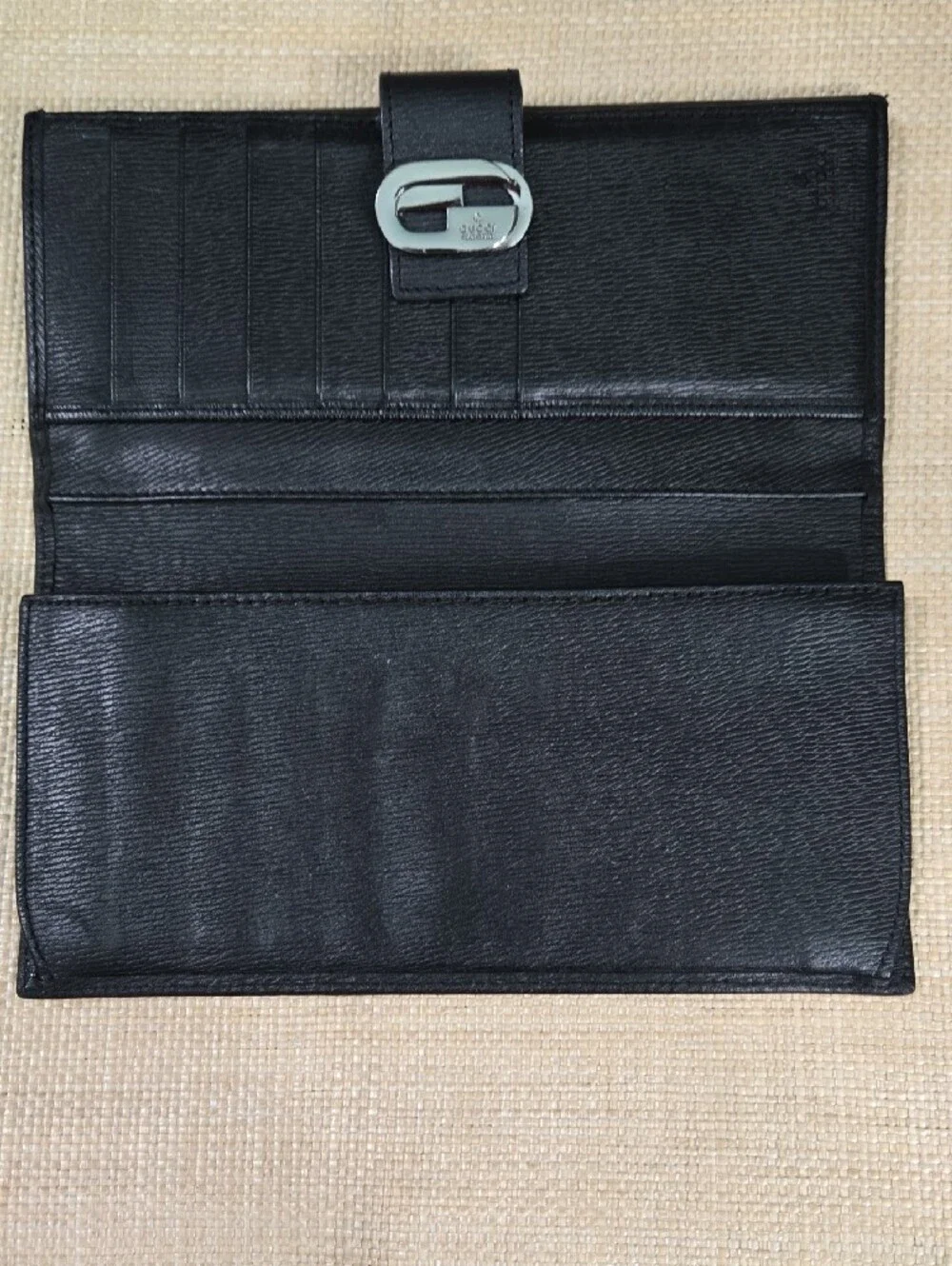 Gucci Black Leather Continental Wallet with Gunmetal Logo Plate